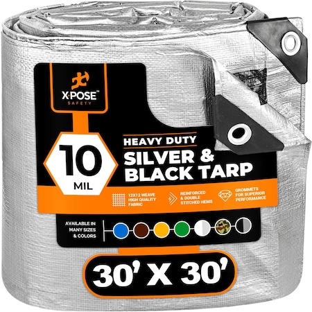Xpose Safety Heavy Duty Tarp, 30 ft x 30 ft, 10 mil, Silver/Black, Polyethylene STH-3030-X